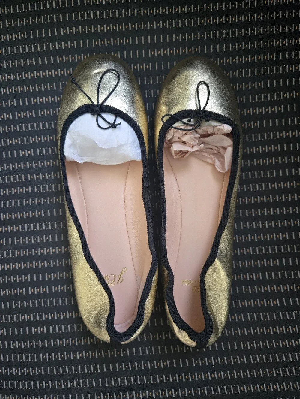 J. Crew Metallic Gold Ballet Flats with Black Trim